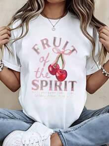 FashionNEWFruit Of The Spirit White T-Shirt, Loose Fit, Cherry And Text Design - Vintage Urban Style, Unisex, Cotton, Short Sleeve, Crew Neck - 白色 - 查看 7