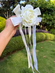 1PC Elegant Rose Satin Bow Wedding Car Decoration, Trailing Ribbon Flower Ornament For Car Mirror/Door Handle, Romantic Bridal Wedding Party Decor - Multicolor - View 3