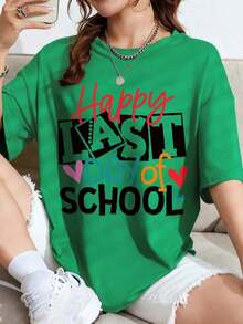 Korean Casual Loose T-Shirt, Funny School Day Graphic Tee - Last Day Of School T-Shirts For Women Teachers, School Graduation T-Shirt, Thank You Gift T-Shirt, Stylish And Comfortable Everyday Graphic Tee For Curvy Women - 綠色 - 查看 7