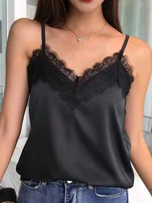 Áo tank top hai dây màu đen trơn dáng suông viền ren dành cho nữ hiệu EARO, áo mùa hè không co giãn với dây đeo có thể điều chỉnh, phù hợp để mặc hàng ngày. - màu đen - Xem 3