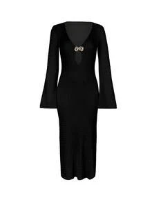 Đầm maxi ôm sát cơ thể màu đen phong cách Boho dành cho nữ, cổ chữ V khoét sâu, tay loe, thanh lịch, thích hợp cho trang phục đi biển mùa hè. - màu đen - Xem 8