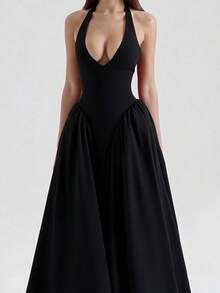 Elegant Pleated Halter Neck Party Dress For Spring 2026 - Black - View 3