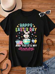 Women's Short-Sleeved T-Shirt With Round Neck, Bunny Print, Egg, Balloons And The Phrase "Happy Easter And Yes, It's My Birthday", For Easter Celebration And Birthday Party, Summer T-Shirt. - 黑色 - 查看 2