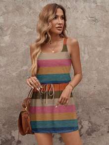 Vestido corto casual de mujer con estampado de hojas azul y blanco, adecuado para primavera/verano, casual - Multicolor 3 - Ver 5