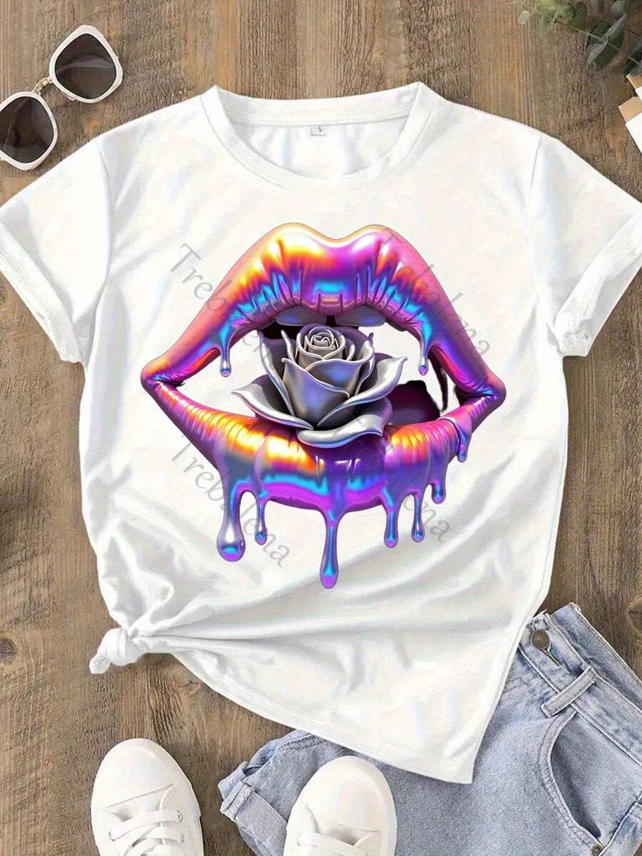 Plus Size T-Shirt With Round Neck, Rainbow Lips Print And Drop Design, Colorful, Fun And Fashionable T-Shirt, Plus Size T-Shirt For Women, Short Sleeve T-Shirt, Fashionable Casual Top, Women's Clothing For Spring/Summer, Mother's Day/Anniversary/June 10, Sizes 0X-4X. - 白3 - 查看 1