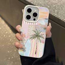 1pc Macaron Color Sunset Beach Litchi Texture TPU Phone Case, Compatible With Apple 17 16 15 14 13 12 11 Plus Pro Max Series, Personalized INS Style Protective Cover, Fashionable Minimalist Full Coverage Cute Design - Multicolor - View 4