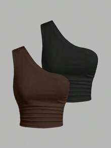 Blusa de un hombro de punto en tonos negro y beis para mujer - Marrón - Ver 1