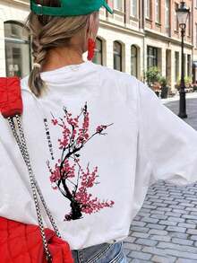 Women's Loose-Fitting Japanese-Style Cherry Blossom Print T-Shirt, 100% Cotton, Breathable, Round Neck, Short Sleeve, Y2K Streetwear, Suitable For Spring Outings, Urban Walks And Casual Daily Wear, Summer Pink Color. - 白色 - 查看 5