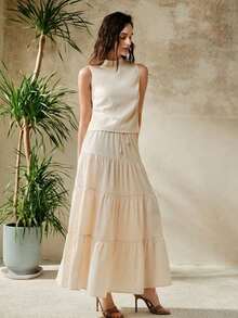 Conjunto de 2 piezas de top sin mangas elegante para vacaciones y falda casual tejida para mujer - Albaricoque - Ver 3
