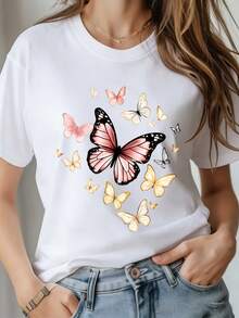 Soft T-Shirt For Women With Butterfly And Flower Print | Pastel Wings Design | Soft Elastic Crew Neck | Short Sleeve Printed T-Shirt | All Season Clothing | Perfect For Mother's Day And Team Building Activities In The Office. - 白色 - 查看 1