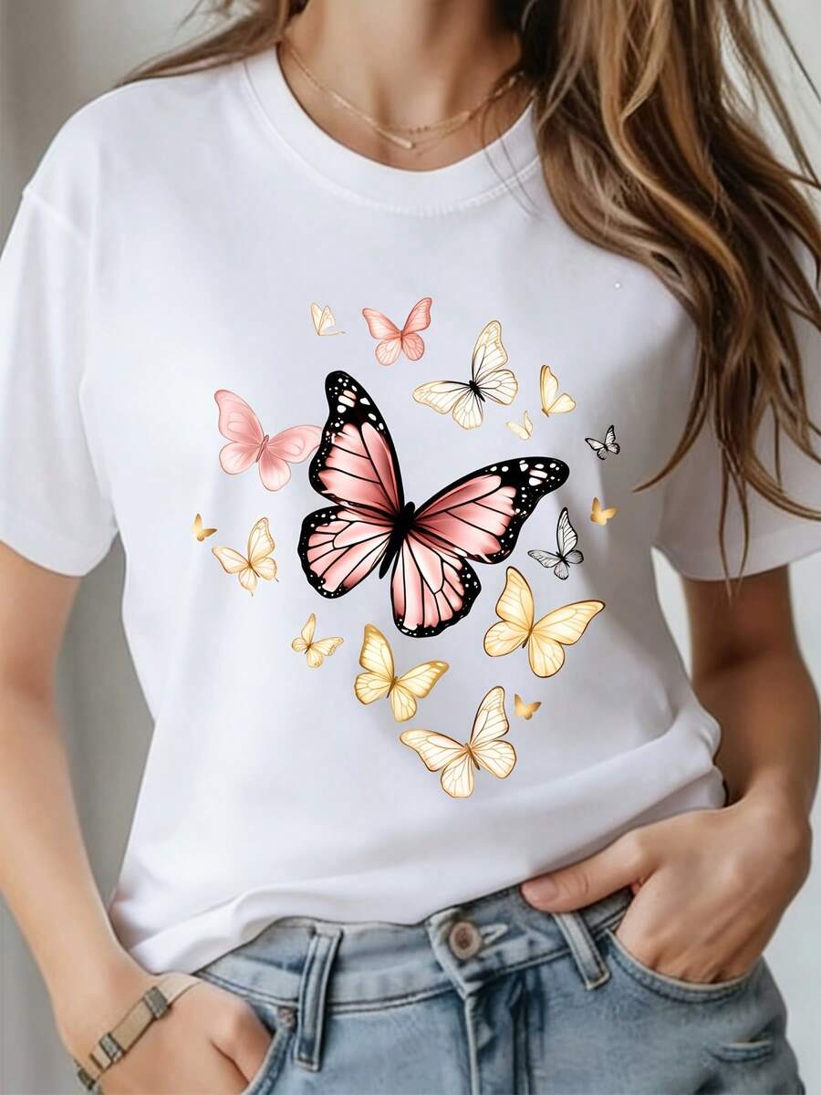 Soft T-Shirt For Women With Butterfly And Flower Print | Pastel Wings Design | Soft Elastic Crew Neck | Short Sleeve Printed T-Shirt | All Season Clothing | Perfect For Mother's Day And Team Building Activities In The Office. - 白色 - 查看 1