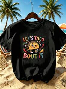 Women's Urban Style Black Short-Sleeved T-Shirt With Vintage Design Of Mexican Taco, Chili, Macaca Character And Tropical Beach Motifs, With The Slogan "Let's Taco Bout It",  Casual Top For Going Out, Classic Party Outfit,  Mexican-Themed Tops For Women. - 黑色 - 查看 3