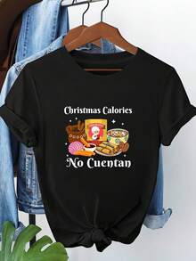 Women's "Christmas Calories Don't Count" T-Shirt With Mexican Food Print, Short Sleeve, Summer Clothes For Women, Casual And Elegant Clothing For Women, Suitable For Spring, Summer And Autumn, Fashionable, Comfortable, Soft And Breathable, New Everyday T-Shirt, Versatile For Casual Vacations, Fun And Comfortable T-Shirts, Soft And Breathable For Women. - 黑色 - 查看 7