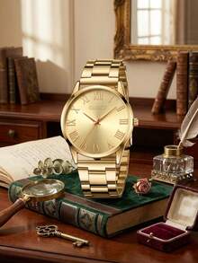 1pc Fashionable Elegant Minimalist Roman Numeral Retro Dial Women's Quartz Watch, Suitable For Daily Wear, Party Decoration Or As A Gift For Friends And Mothers On Occasions Like Valentine's Day, Mother's Day, Birthday, Anniversary - Gold - View 4