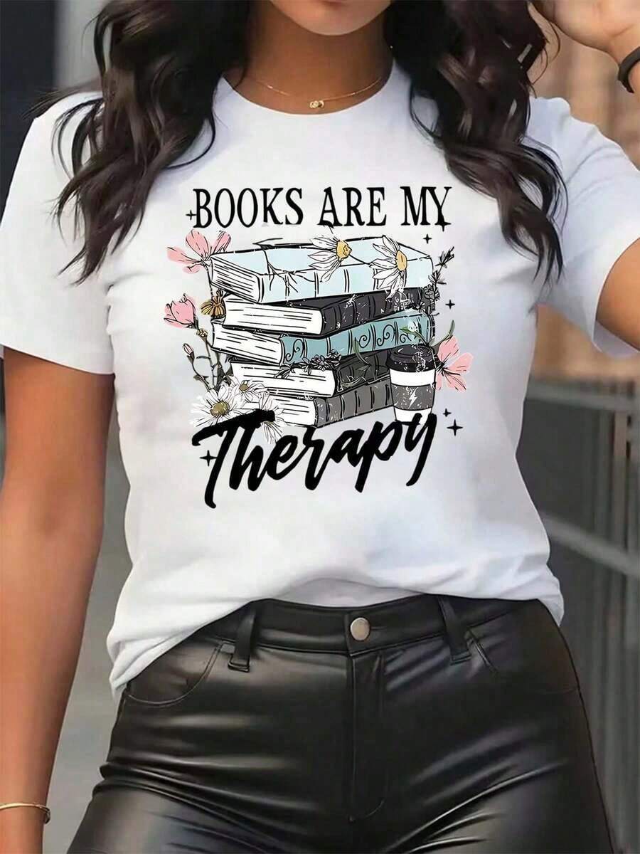 Nuevas llegadas para el verano. Camiseta de mujer con estampado de libros y flores, cuello redondo, estilo casual para uso diario, suave y cómoda para vacaciones. Blusa, camisa > Hermosa. - Blanco - Ver 1
