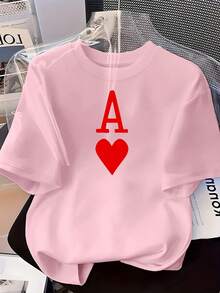 Women's T-Shirt, Short-Sleeved T-Shirt With Round Neck, 100% Machine Washable, Easy Care, Casual Design With Red Heart Prints And The Letter A In Playing Cards, New Summer Style 2026 For Daily Wear And Travel. - 黑色 - 查看 10