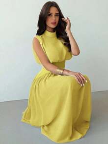 elegante de cuello alto y cintura ceñida con silueta evasé para mujer, vestido de verano, ropa de primavera/verano, atuendo de playa, para ir al trabajo, elegante, sexy, vacaciones, playa, bohemio, Hawái, festival de música, romántico, cit - Amarillo - Ver 9