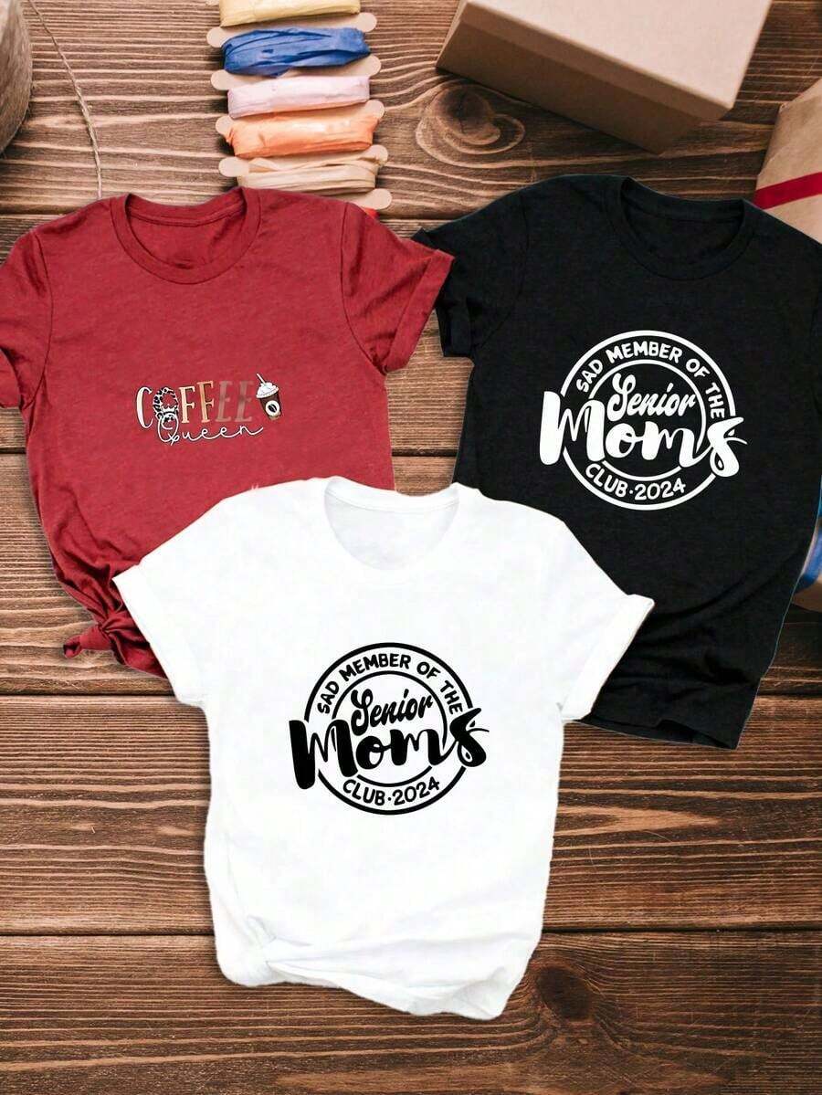 Artículo de moda: No es un conjunto de 3 piezas, una camiseta casual de manga corta para mujer, estampada con "Coffee Queen", "Senior Mom Club 2024", camiseta con las palabras "Senior Mom Club 2024" impresas, camiseta de manga corta con cuello redondo para mujer, top deportivo casual transpirable de algodón puro, regalo para las fiestas, camiseta para mujer "Spring Butterfly Easter", camiseta para mujer. - Blanco - Ver 1