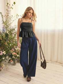 Conjunto de verano para mujer con top casual de tela de mezclilla suave, con tirantes de espagueti, bajo con volantes, ajustado al busto y silueta fluida - Negro - Ver 4