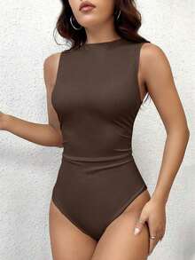 Body sin mangas de unicolor minimalista y de moda para mujer, de verano - Café integral - Ver 4