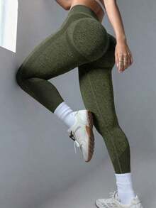 sin costuras de cintura alta de unicolor para uso diario, fitness y yoga para mujeres - Verde militar - Ver 1