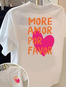 Women's White T-Shirt With Pink Heart Print "More Love" And Love Letters - Short Sleeve Round Neck Blouse, Soft And Stretchy, For Valentine's Day Gift, Summer Casual Outfits, Machine Washable, Everyday Top - Positive Affirmation - 白色 - 查看 8