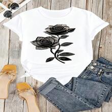 Edgy Rose Graphic T-Shirt, 100% Cotton Oversized Soft Breathable Casual Crewneck Short Sleeve Top, Romantic Aesthetic Summer Vibes Tee For Women & Flower Lovers - 白色 - 查看 5