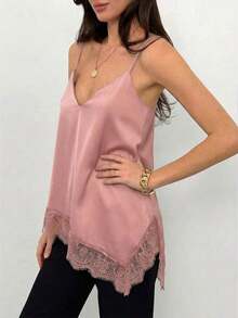 Top de tirantes de mujer con encaje y bajo asimétrico - Rosa vieja - Ver 6