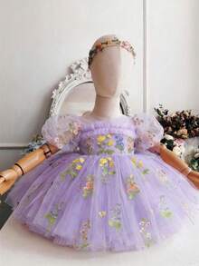女嬰刺繡花瓣袖鏤空露背網紗公主裙，適合女孩生日派對、花童婚禮、重要場合、節日慶祝穿搭 - 淡紫色 - 查看 4
