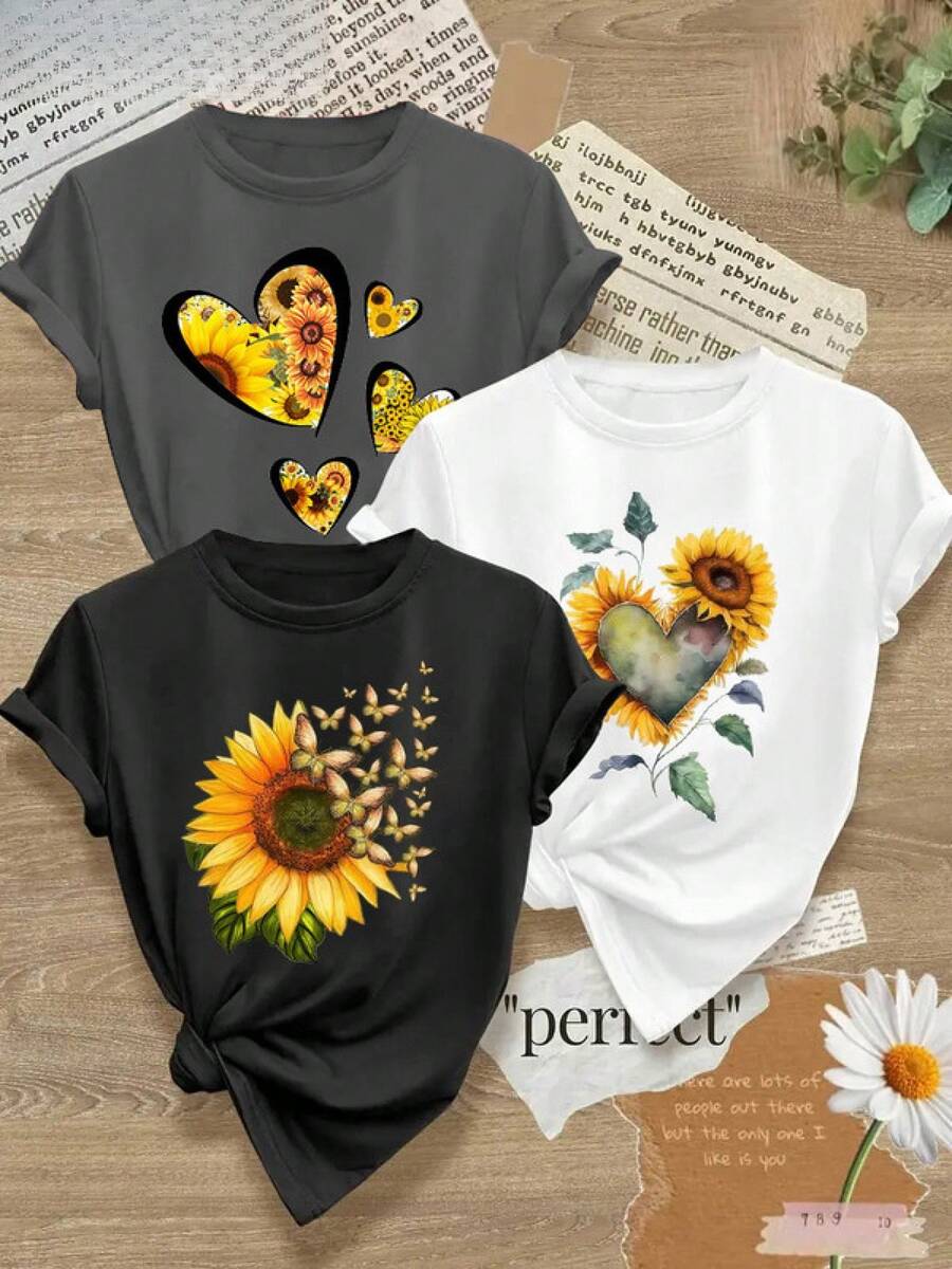 Women's T-Shirts, Women's T-Shirts, Women's Casual 1-Piece T-Shirt, Round Neck, Medium Elasticity Knit Fabric, Sunflower Print, Suitable For All Seasons, Sizes S-XXL. - 1件黑色隨機圖案 - 查看 1