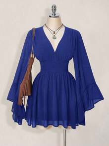 Navy Blue Solid Color Dress – Mini, Long Lantern Sleeve, Gathered Waist With Flared Skirt, Western Style For Spring And Summer - Blue - View 3