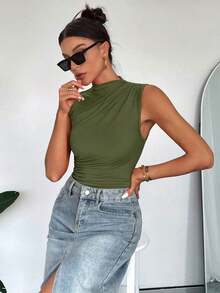 Body sin mangas para mujer con cuello alto y pliegues casuales de verano - Verde militar - Ver 5