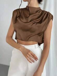 Blusa arrugada de cuello alto para mujeres - Café integral - Ver 7