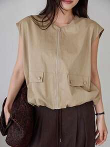 Nuevo chaleco sin mangas suelto y casual de verano, estilo casual de negocios para mujeres - Caqui - Ver 8