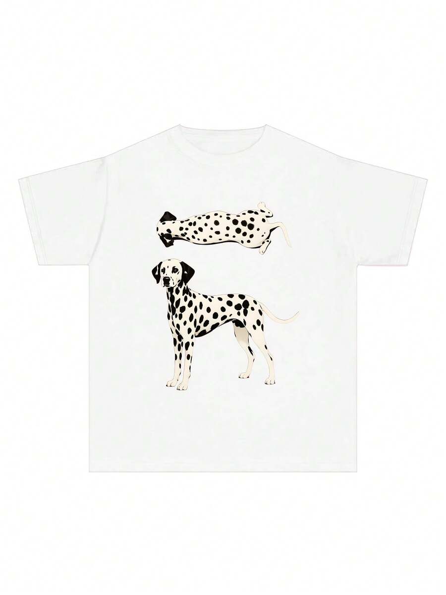 Women's Summer T-Shirt, Y2K Style, Round Neck, With A Fun And Dalmatian Dog Print, Ideal For A Casual And Fashionable Look - 白色 - View 1