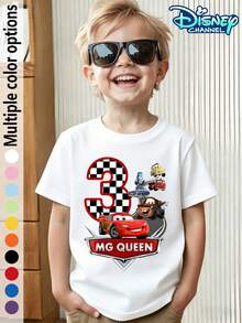 This Children's Casual T-Shirt Features A Creative Birthday Print From The Disney Cars IP. The Image Of Lightning McQueen And His Friends Racing Cars Is Paired With A Number "3" Checkered Pattern, Conveying A Birthday And Adventure Atmosphere. The Print Is Clear, Vibrant, And Resistant To Tearing. The Soft, Skin-Friendly Fabric Is Comfortable And Breathable For Summer Wear. The Round Neck Design Is Comfortable Against The Neck. The Neat Stitching Ensures Durability And Prevents Deformation. Suitable For Theme Park Visits, Birthday Parties, Daily School Activities, Outdoor Play, And Other Occasions, This T-Shirt Coordinates Well With Any Bottoms. The Print Undergoes A Special Process, Remaining Vibrant Even After Multiple Machine Washes, Catering To The Different Style Preferences Of Boys And Girls. - trắng - Xem 1