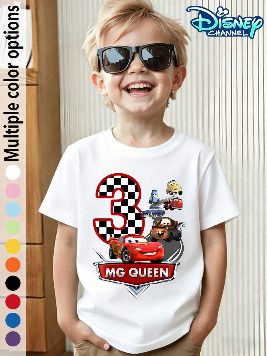 This Children's Casual T-Shirt Features A Creative Birthday Print From The Disney Cars IP. The Image Of Lightning McQueen And His Friends Racing Cars Is Paired With A Number "3" Checkered Pattern, Conveying A Birthday And Adventure Atmosphere. The Print Is Clear, Vibrant, And Resistant To Tearing. The Soft, Skin-Friendly Fabric Is Comfortable And Breathable For Summer Wear. The Round Neck Design Is Comfortable Against The Neck. The Neat Stitching Ensures Durability And Prevents Deformation. Suitable For Theme Park Visits, Birthday Parties, Daily School Activities, Outdoor Play, And Other Occasions, This T-Shirt Coordinates Well With Any Bottoms. The Print Undergoes A Special Process, Remaining Vibrant Even After Multiple Machine Washes, Catering To The Different Style Preferences Of Boys And Girls. - trắng - Xem 1