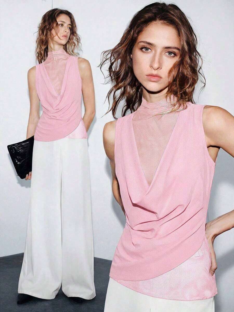 Camiseta sin mangas sexy con cuello drapeado de malla transparente, volantes y bajo asimétrico para mujer, nueva colección primavera/verano - Rosa Pálido - Ver 1