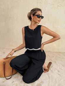 Conjunto de 2 piezas de top de tirantes y pantalones casuales para mujer - Negro - Ver 6