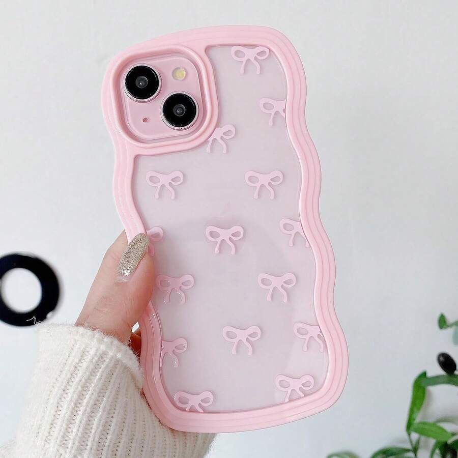 Bow Case For IPhone17 Pro Max, 16 Pro, 15 Plus, 14 Plus, 13 12, Clear Cute Ribbon Bow Phone Case Curly Wavy Aesthetic Phone Case, Slim Soft Transparent Shockproof Protective Cover For Women Girls - Pink - 粉色 - 查看 1