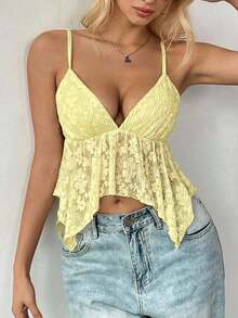 Camiseta de mujer con escote en V sexy y bajo asimétrico de encaje - Amarillo - Ver 5