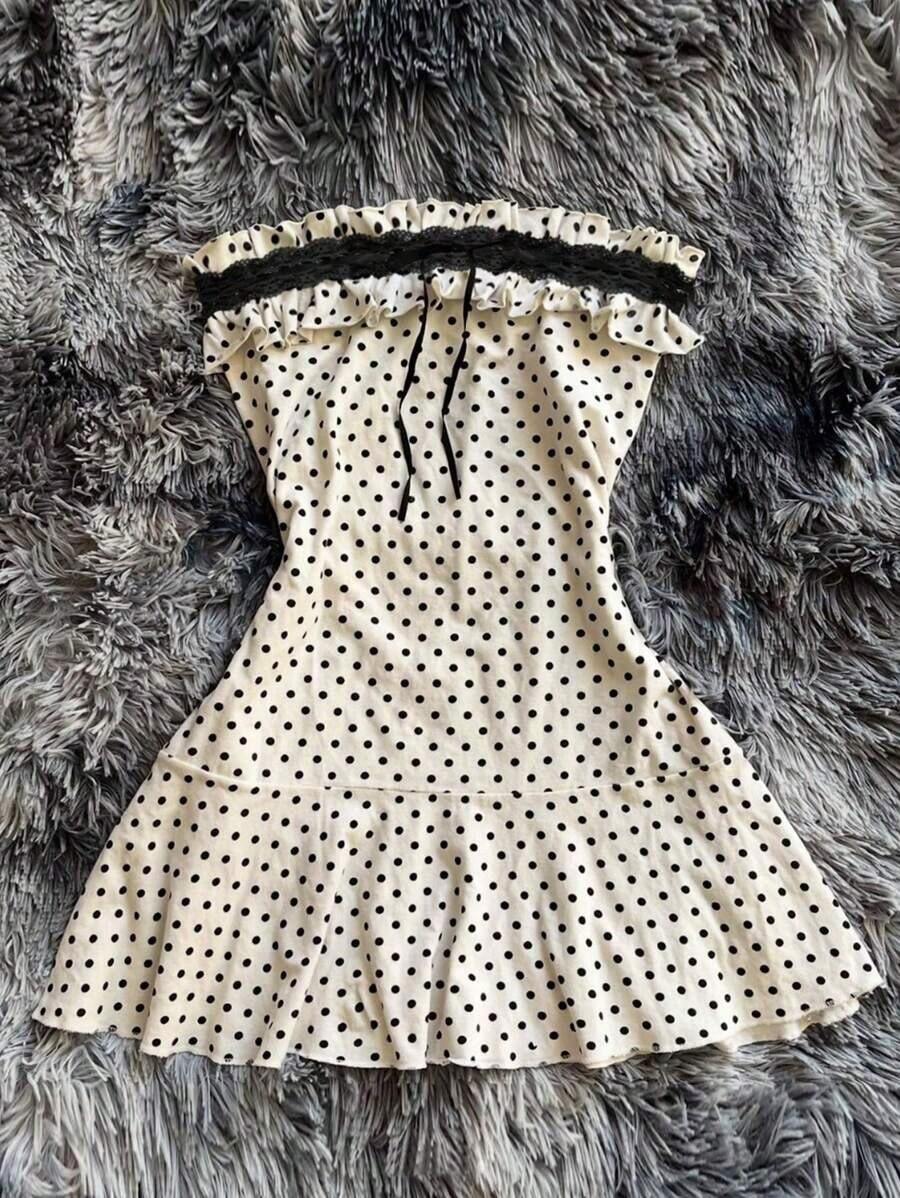 Vestido mini sin tirantes con estampado de lunares de color contrastante para mujer - Blanco - Ver 1