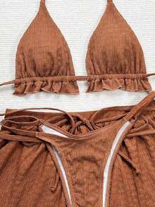 Conjunto de bikini de 3 piezas con parte superior de atar al cuello, estampado de lunares y shorts, con volantes, para mujer, para playa de verano - Óxido marrón - Ver 4