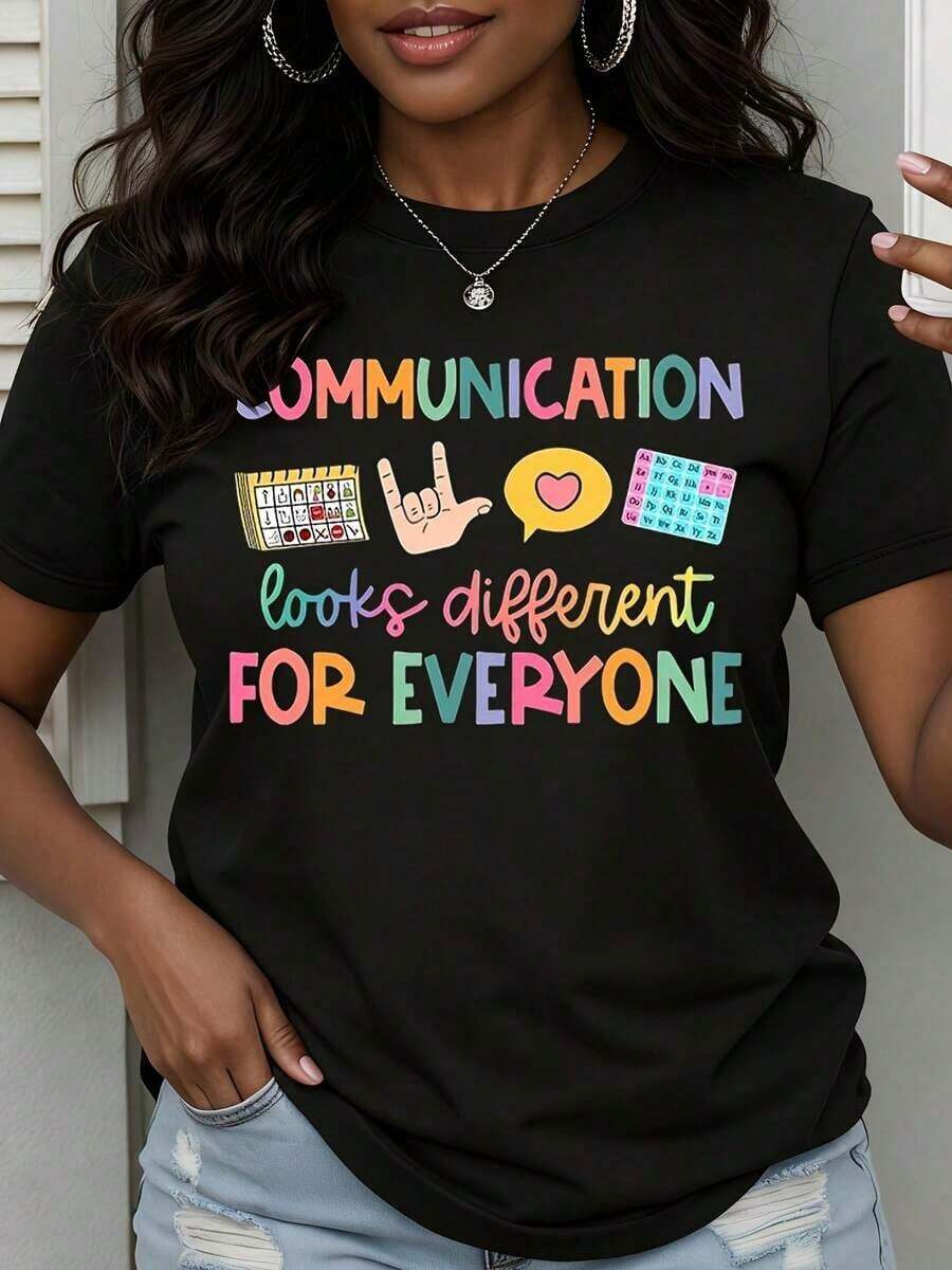 1 Piece T-Shirt "Communication Looks Different To Everyone" With Sign Language And Communication Aids Design, 180g 100% Cotton - Black - View 1