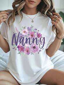 1 Piece Floral Nanny T-Shirt For Women, Gift For Grandmother, Mother's Day, Birthday Gift, Cute Printed T-Shirt, 180g 100% Cotton - 黑色 - 查看 7