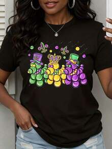 1 Piece Mardi Gras Party T-Shirt With Festive King And Cake Design, Purple, Green And Gold Colors, Fleur-De-Lis And Crown Print, For Women, Men, Unisex, Casual Wear, 180g 100% Cotton. - 黑色 - 查看 8