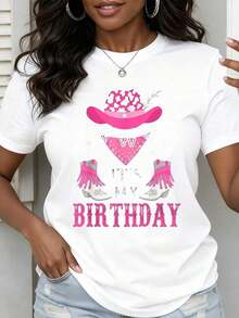 1 Piece Women's T-Shirt With 'It's My Birthday' Print, Cowgirl Style, Pink Hat, Bandana, Boots And Heels, Casual, Fun, For Party, Celebration, Gift, 180g, 100% Cotton - 白色 - 查看 12