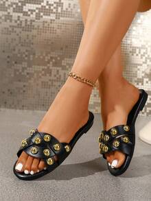 Vintage Rivet Backless Mules Women Shoes, Flat Slip-On Punk Style Comfortable Versatile Outdoor Slippers - Black - View 5