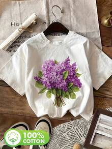 Women's Casual Summer Top, Illustrated Style With Purple Flowers And Green Leaves, Short-Sleeved Printed T-Shirt With Round Neck [Ling K] - 白色 - 查看 6
