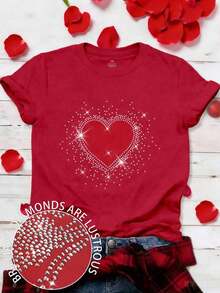 Women's Plus Size Casual Short Sleeve T-Shirt With Round Neck And Heart-Shaped Rhinestones For Valentine's Day - 紅色的 - 查看 1